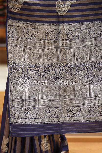 Silk Brocade Saree For Women Navy Blue  PALLU