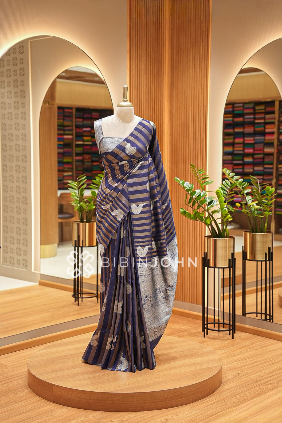 Silk Brocade Saree For Women Navy Blue 