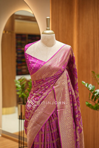 Silk Brocade Saree For Women Vibrant Magenta  CLOSE VIEW