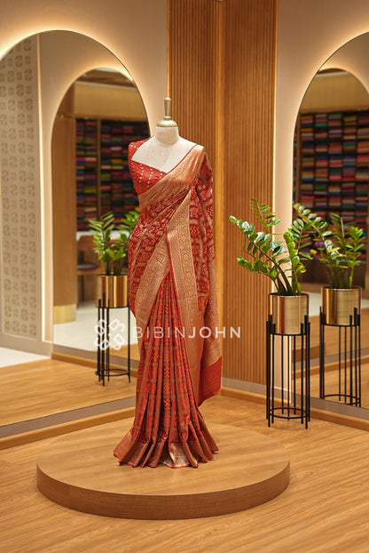 Silk Brocade Saree For Women Rust Red