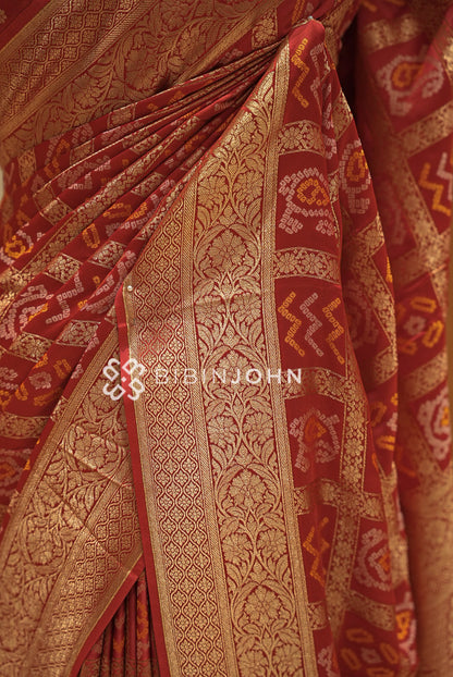 Silk Brocade Saree For Women Rust Red SIDE VIEW