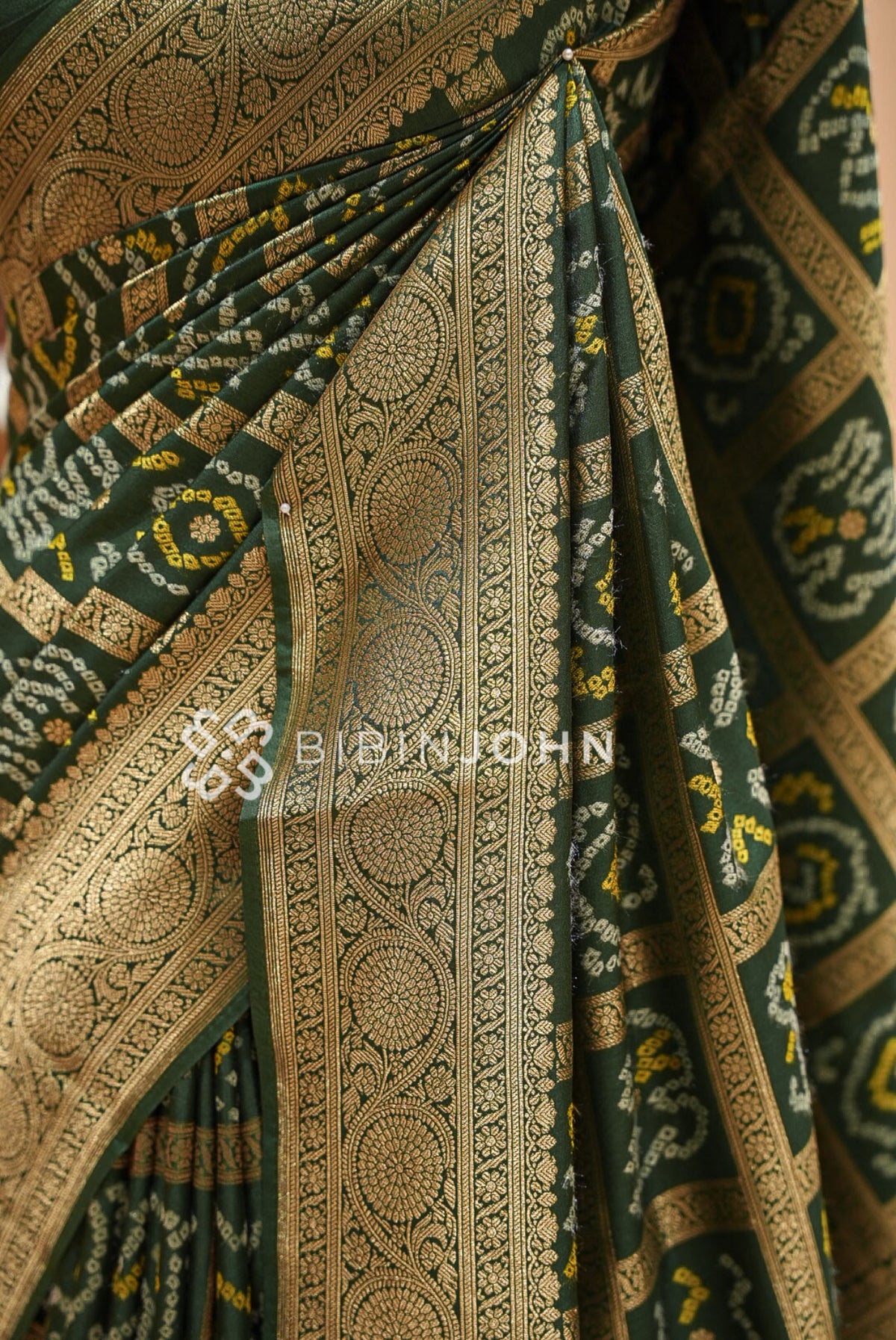 Silk Brocade Saree For Women Deep Forest Green SIDE VIEW