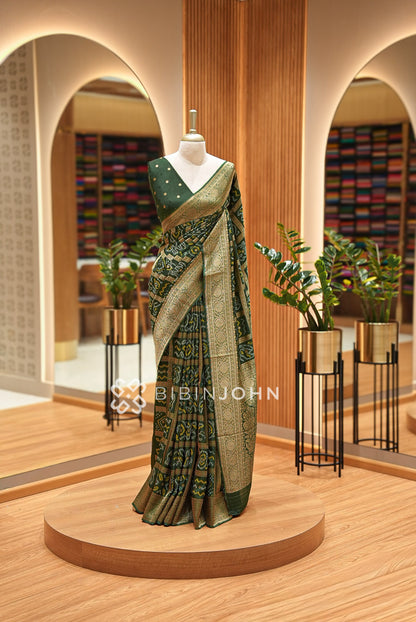 Silk Brocade Saree For Women Deep Forest Green