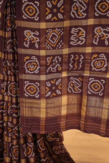 Bandhani Silk Saree For Women Wine Brown  PALLU