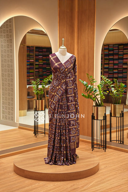 Bandhani Silk Saree For Women Wine Brown 