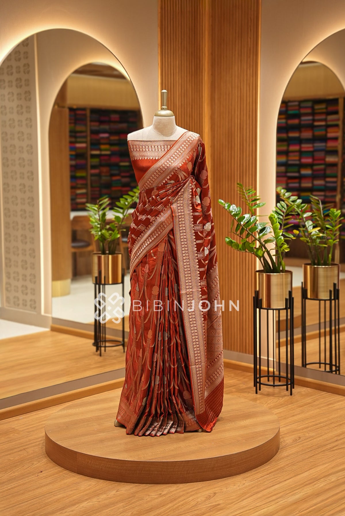 Satin Brocade Saree For Women Rust Red 