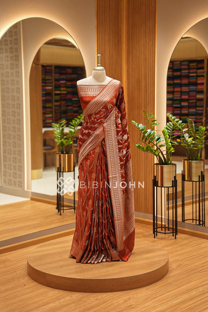 Satin Brocade Saree For Women Rust Red 
