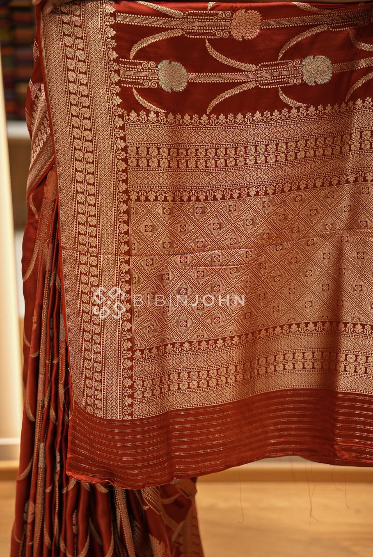 Satin Brocade Saree For Women Rust Red  PALLU