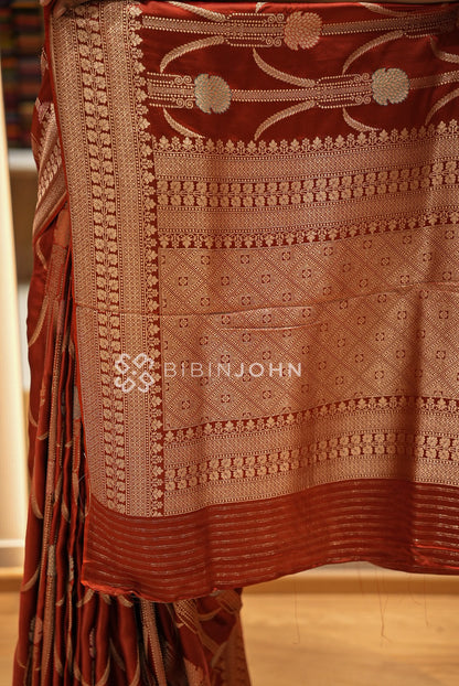 Satin Brocade Saree For Women Rust Red  PALLU
