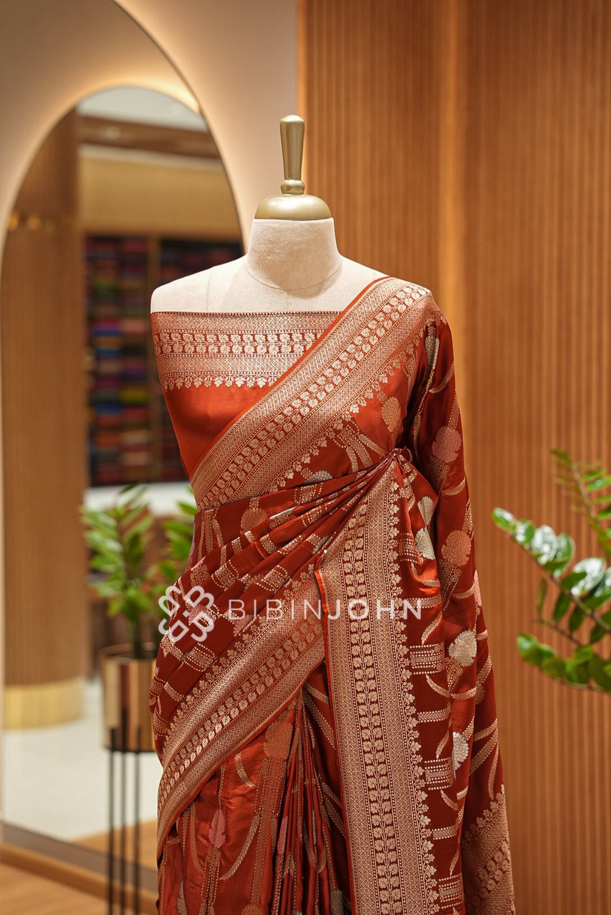 Satin Brocade Saree For Women Rust Red  CLOSE VIEW