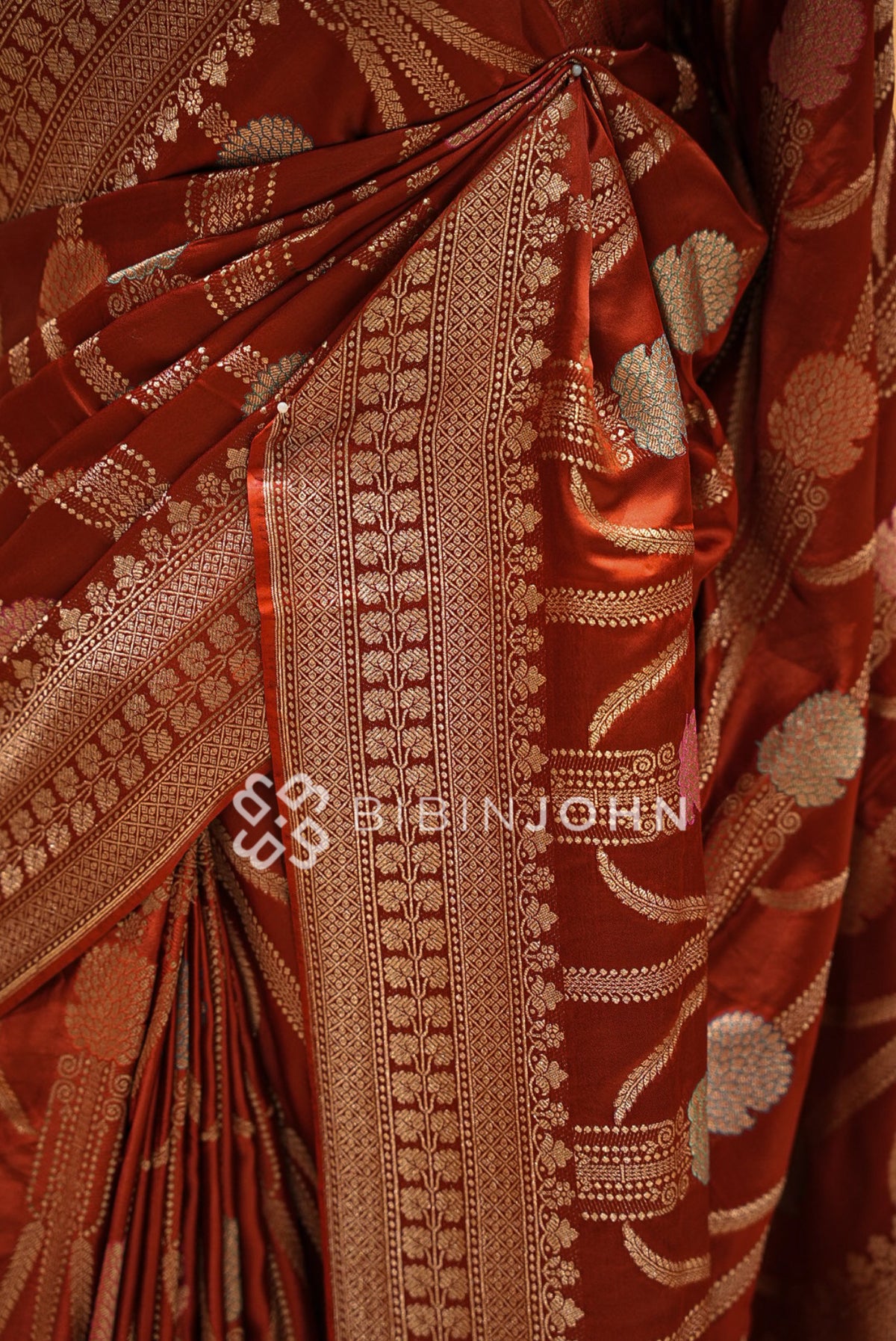 Satin Brocade Saree For Women Rust Red  SIDE VIEW