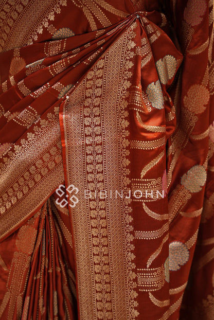 Satin Brocade Saree For Women Rust Red  SIDE VIEW