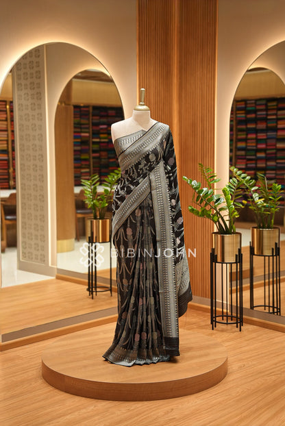 Satin Brocade Saree For Women Black