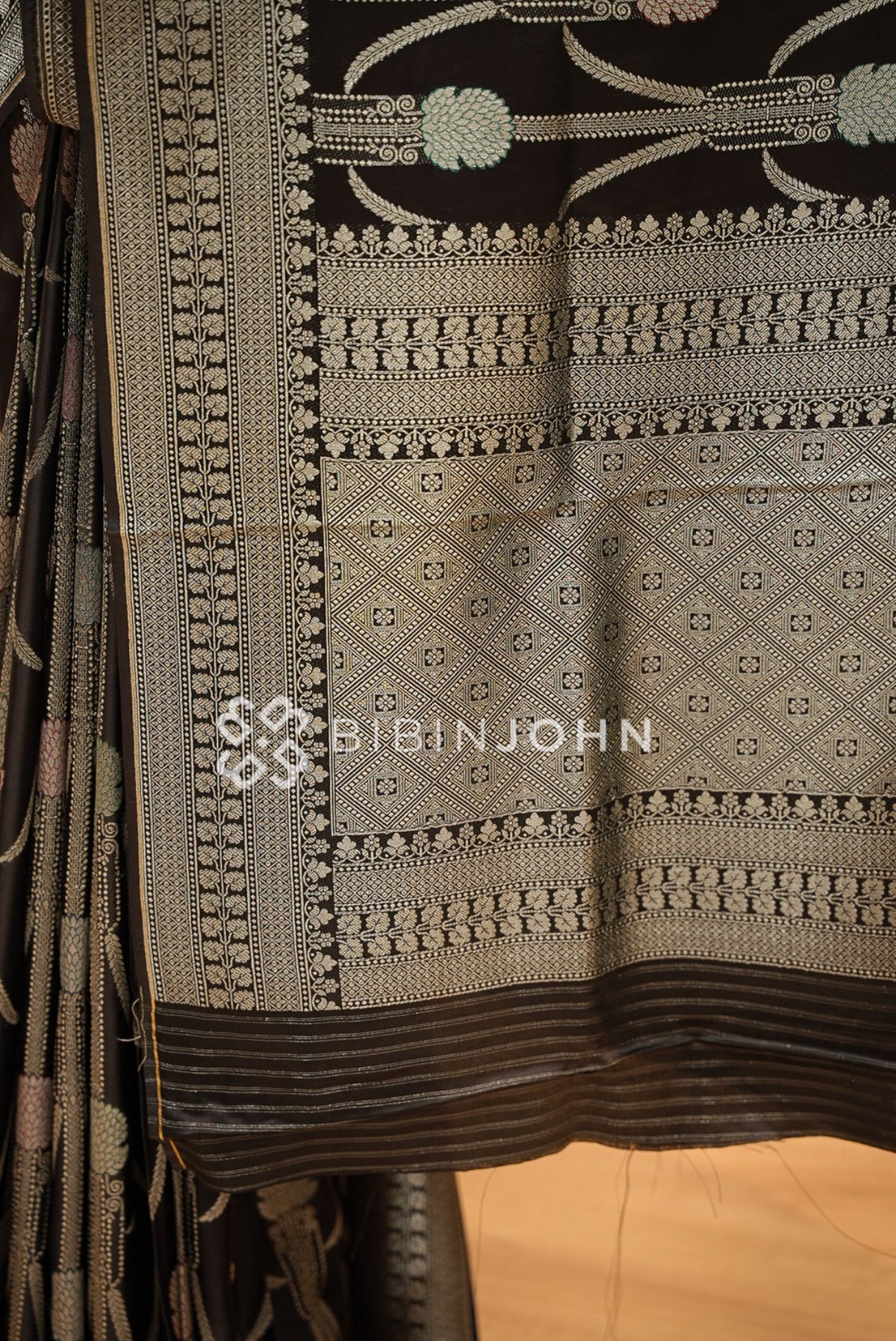 Satin Brocade Saree For Women Black PALLU