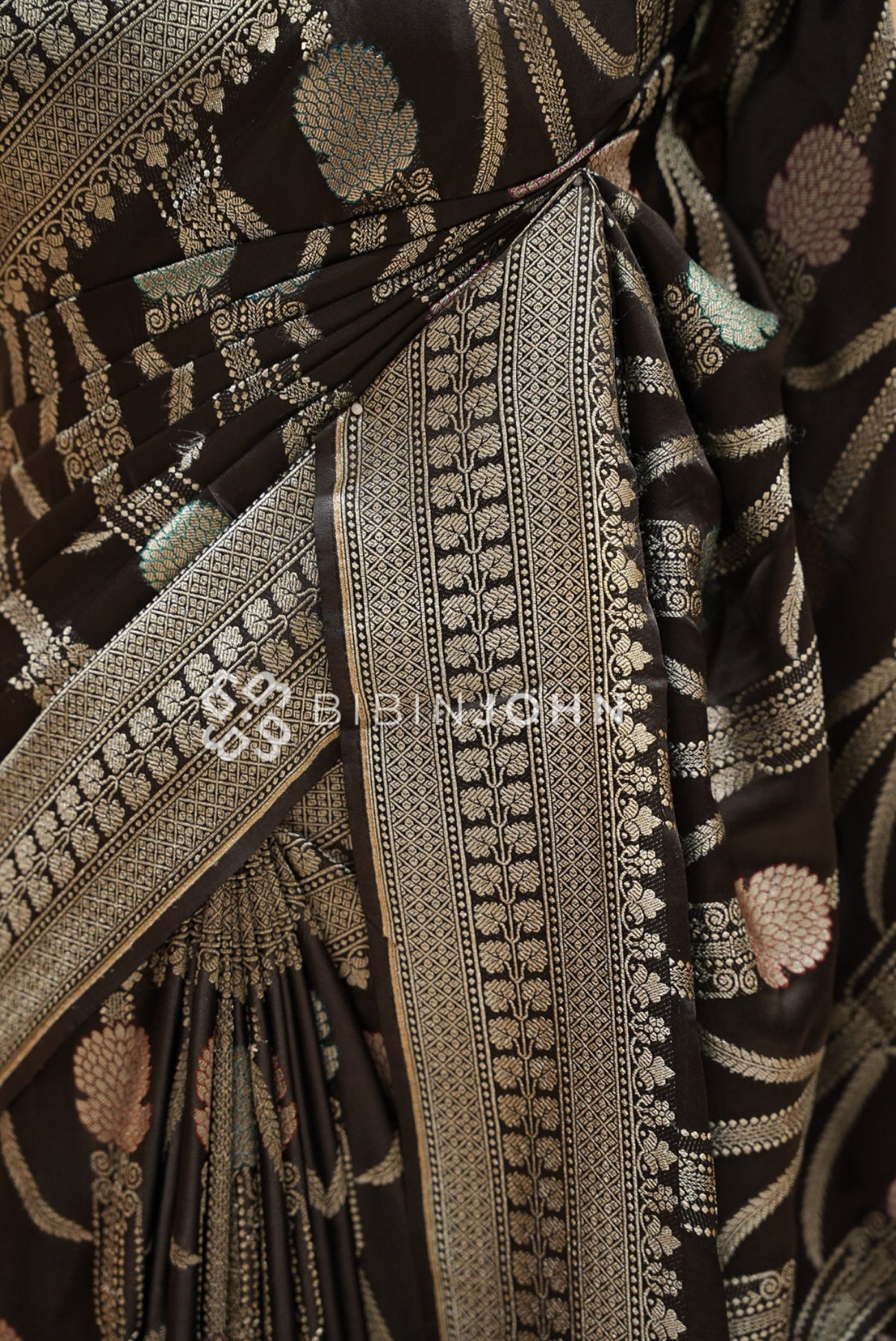 Satin Brocade Saree For Women Black SIDE VIEW