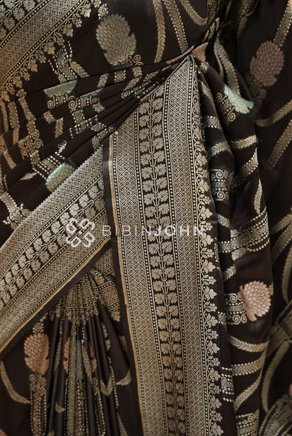 Satin Brocade Saree For Women Black SIDE VIEW