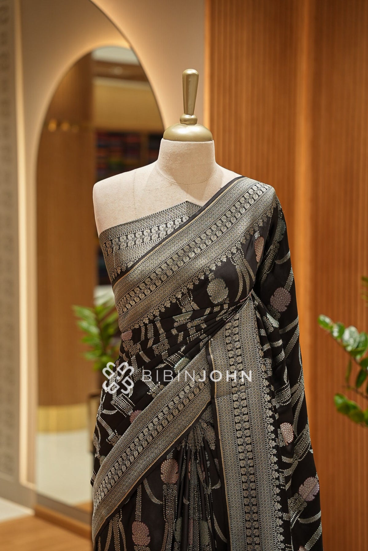 Satin Brocade Saree For Women Black CLOSE VIEW