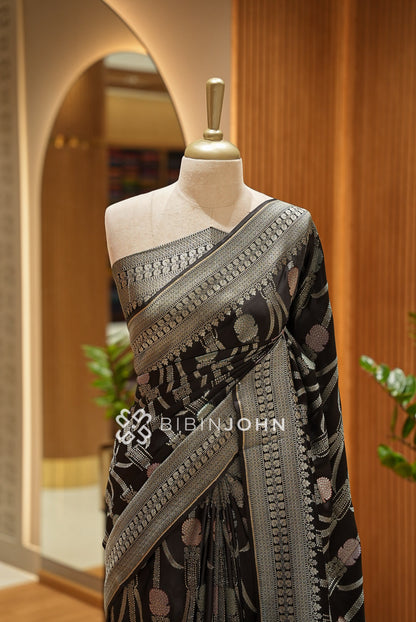 Satin Brocade Saree For Women Black CLOSE VIEW