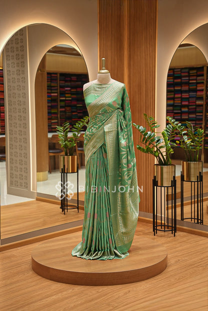 Silk Brocade Saree For Women Sage Pista Green