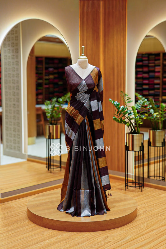Pure Linen Saree For Women Deep Wine