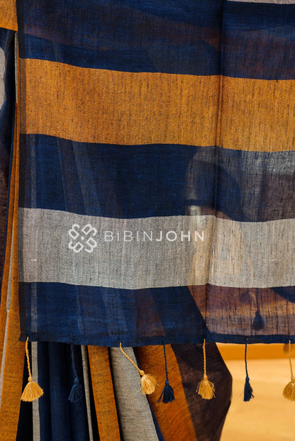 Pure Linen Saree For Women Navy Blue PALLU
