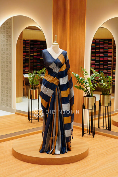 Pure Linen Saree For Women Navy Blue