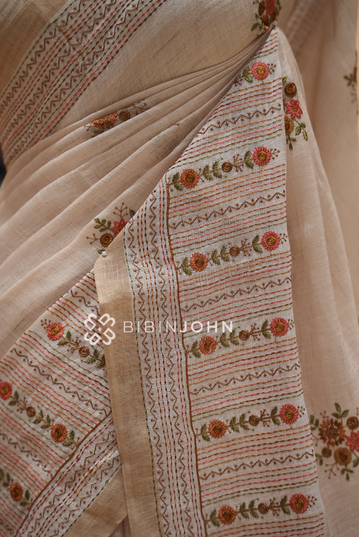 Art Linen Embroidery Saree For Women Beige Ivory  SIDE VIEW