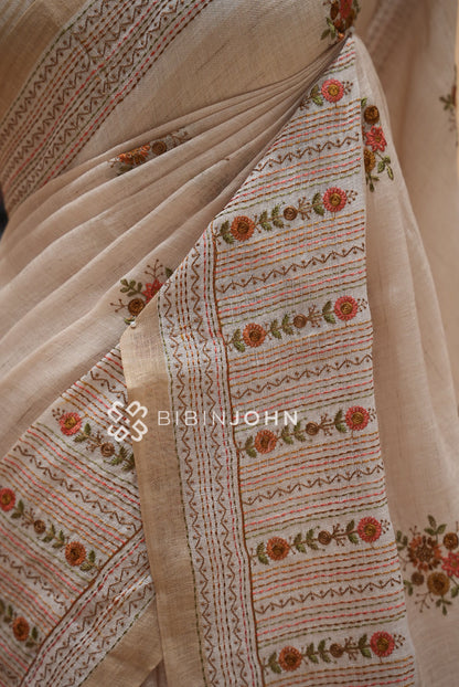 Art Linen Embroidery Saree For Women Beige Ivory  SIDE VIEW