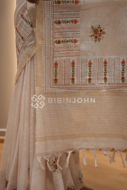 Art Linen Embroidery Saree For Women Beige Ivory  PALLU
