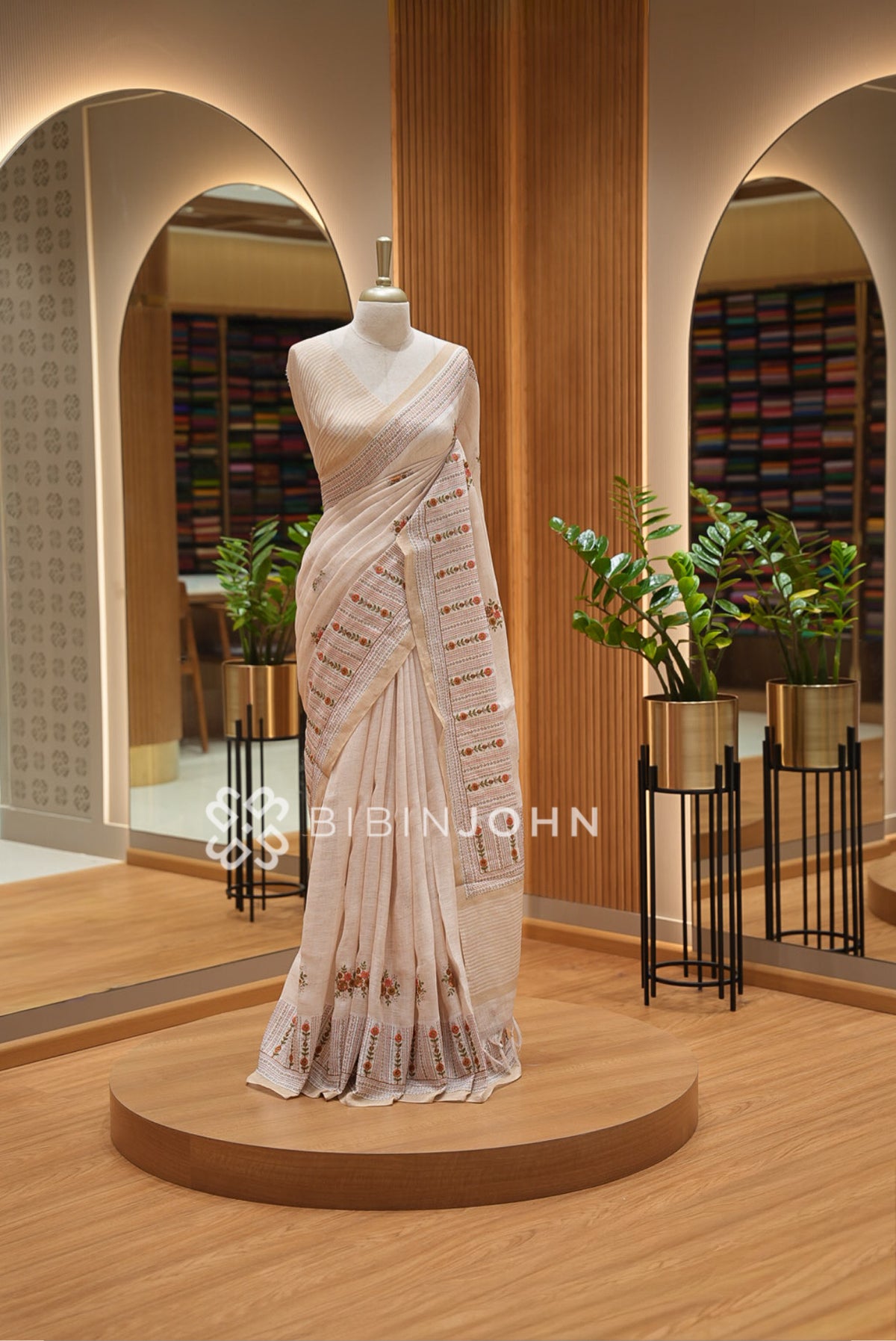 Art Linen Embroidery Saree For Women Beige Ivory 