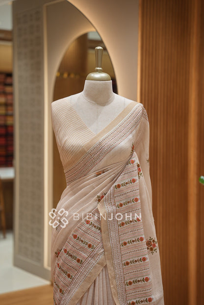 Art Linen Embroidery Saree For Women Beige Ivory  CLOSE VIEW
