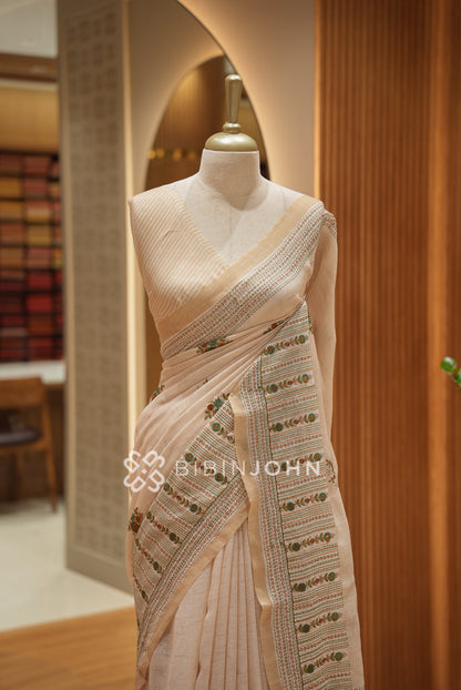 Art Linen Embroidery Saree For Women Beige CLOSE VIEW