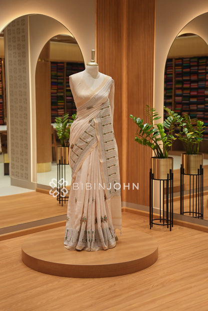 Art Linen Embroidery Saree For Women Beige