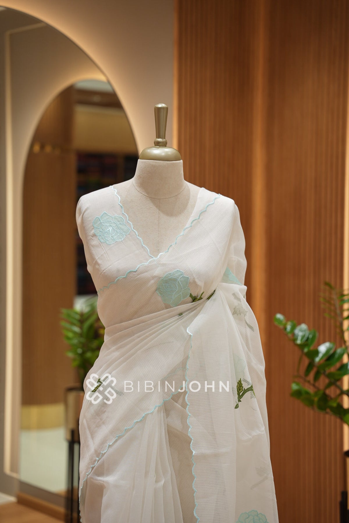 Cotta Embroidery Saree White With Mint Blue close view