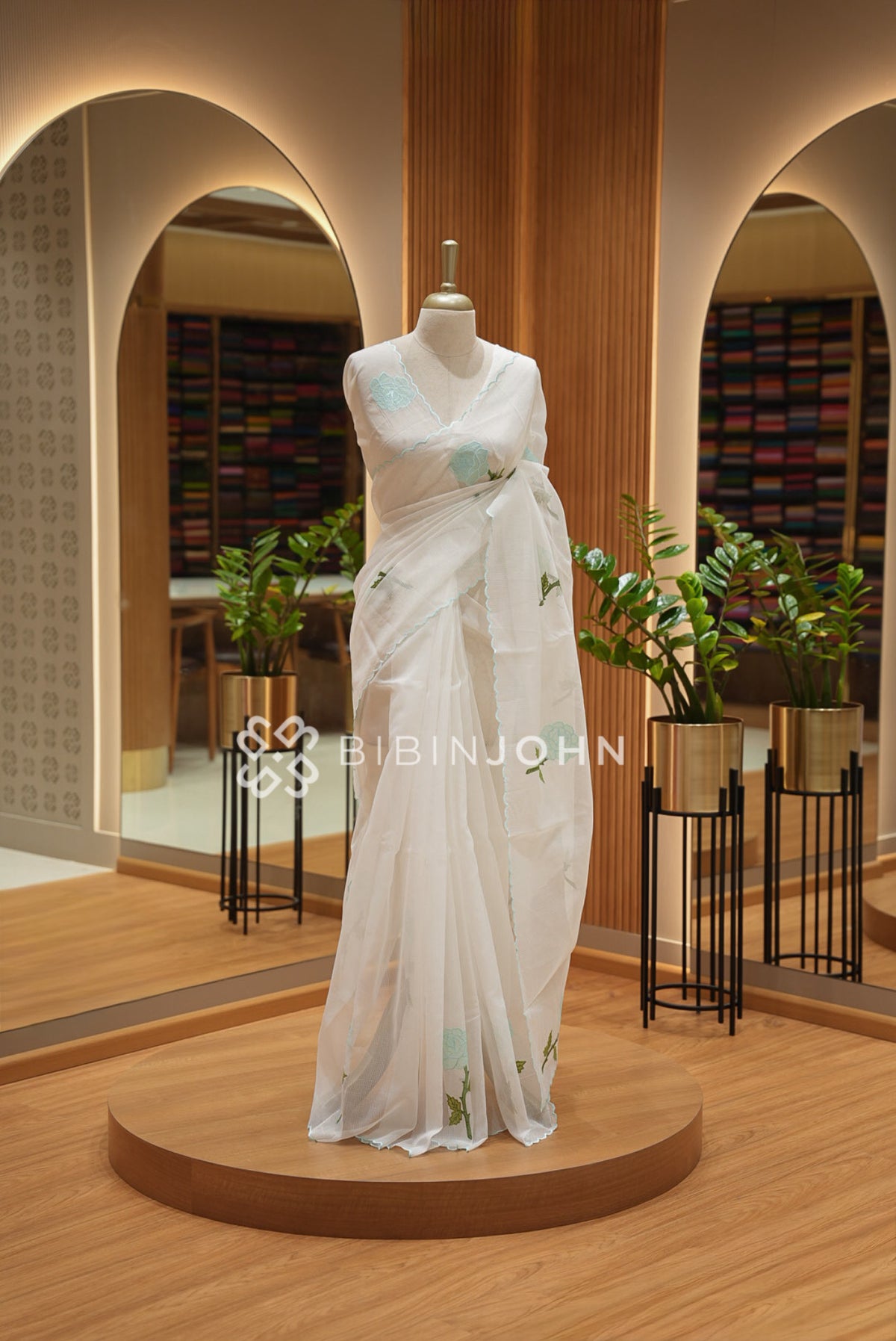 Cotta Embroidery Saree White With Mint Blue