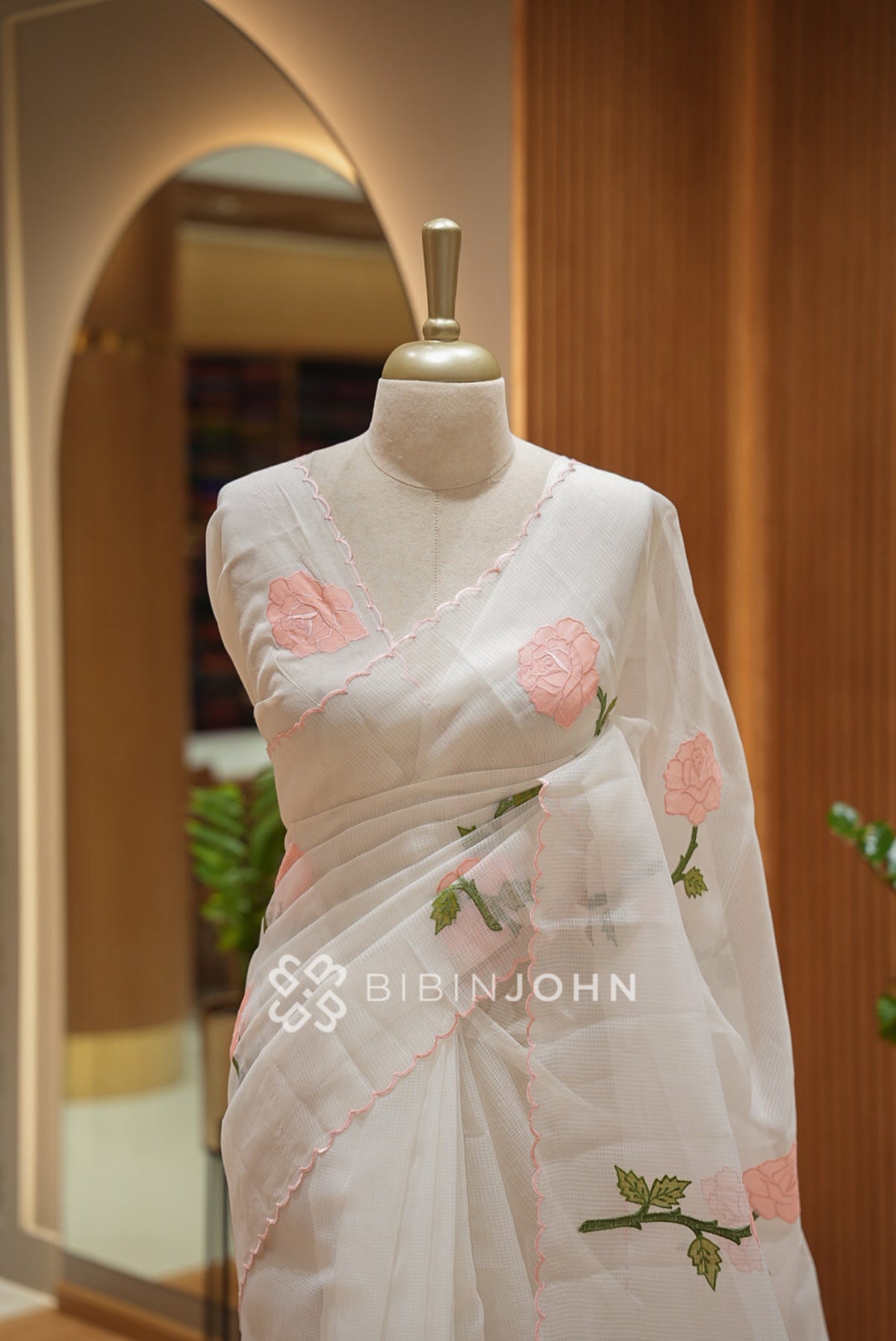 Cotta Embroidery Saree White With Blush Pink  CLOSE VIEW