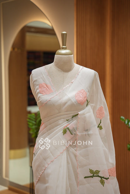 Cotta Embroidery Saree White With Blush Pink  CLOSE VIEW