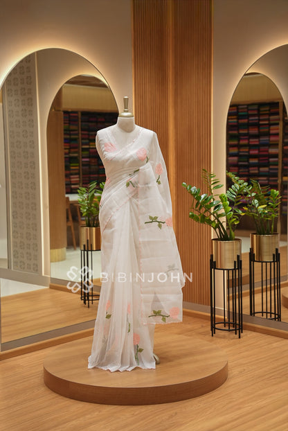 Cotta Embroidery Saree White With Blush Pink 
