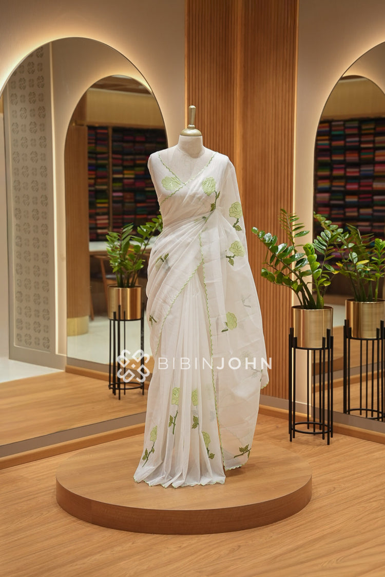 Cotta Embroidery Saree White With Llight Green