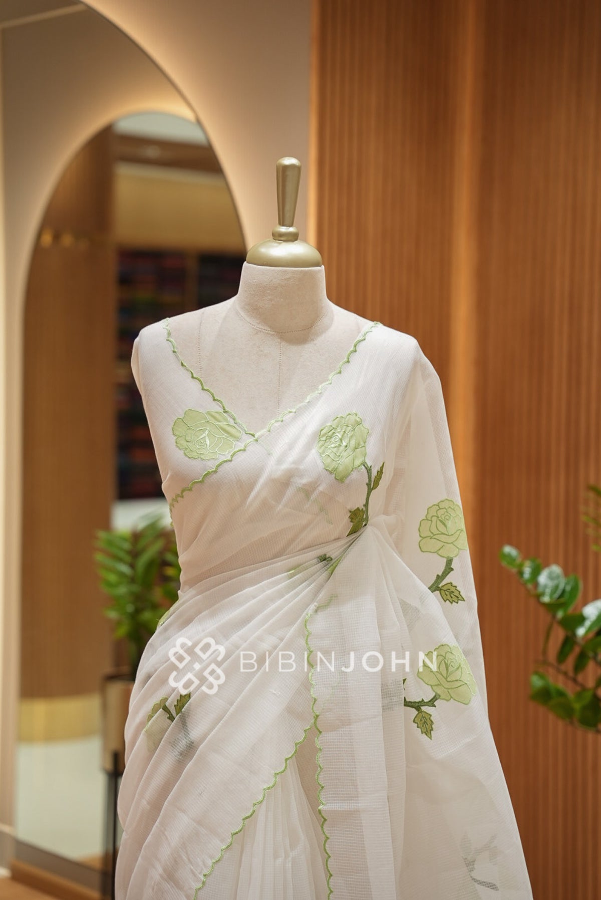 Cotta Embroidery Saree White With Llight Green CLOSE VIEW
