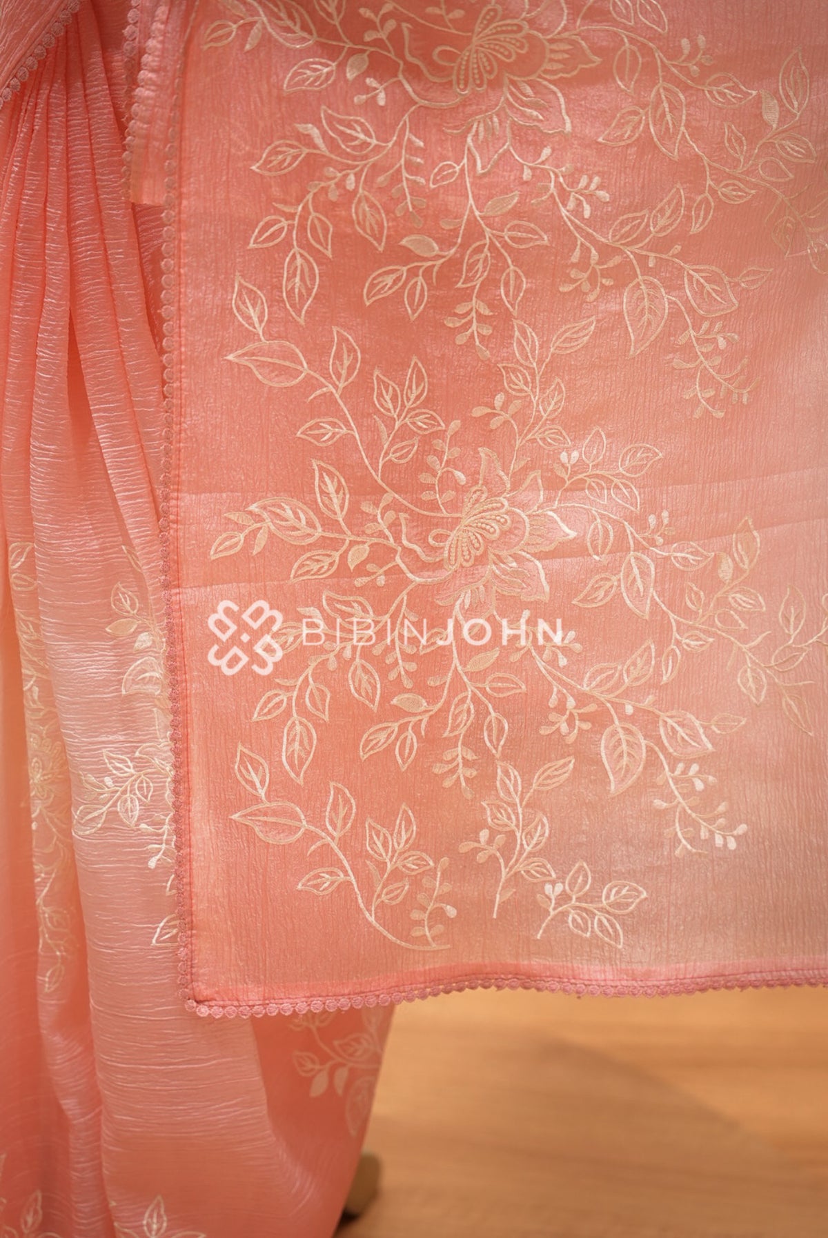 Tissue Organza Embroidery Saree For Women Peach Pink  PALLU