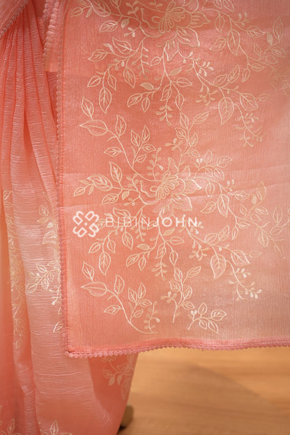 Tissue Organza Embroidery Saree For Women Peach Pink  PALLU