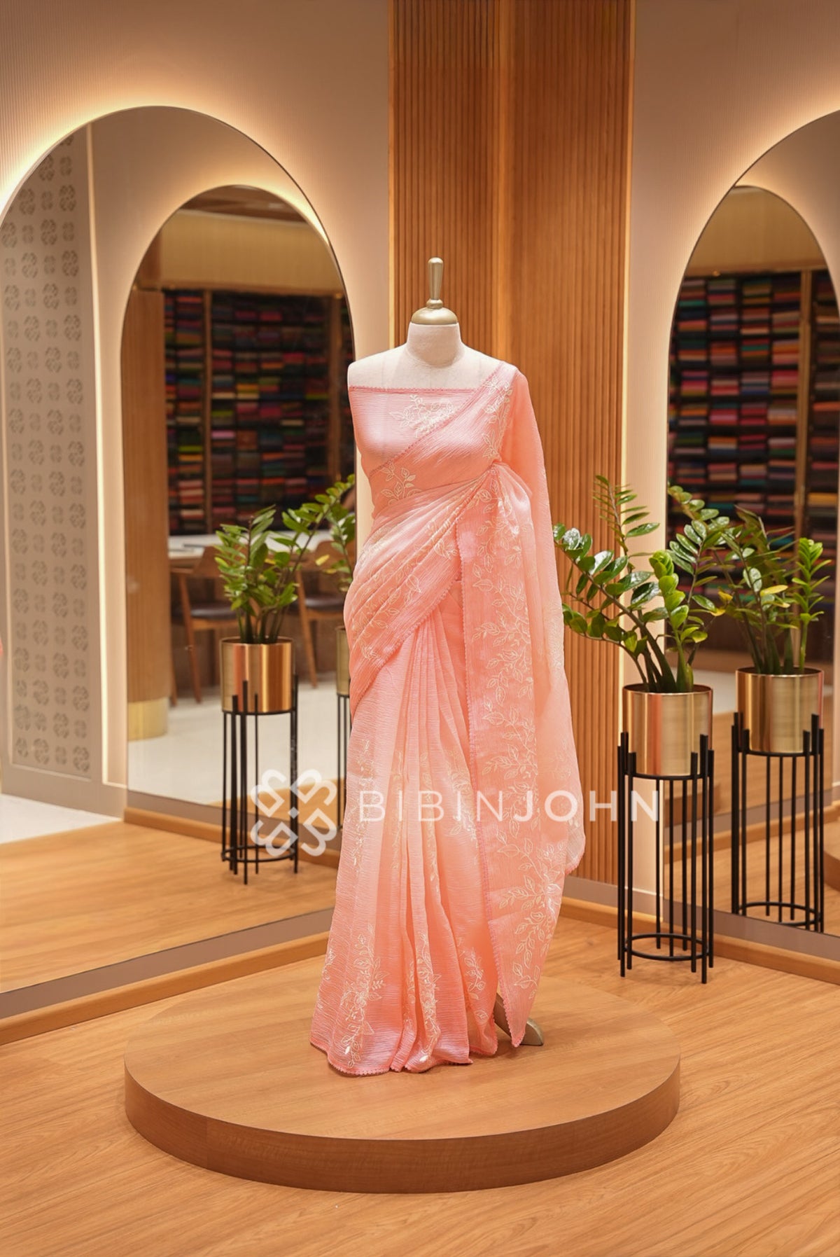 Tissue Organza Embroidery Saree For Women Peach Pink 