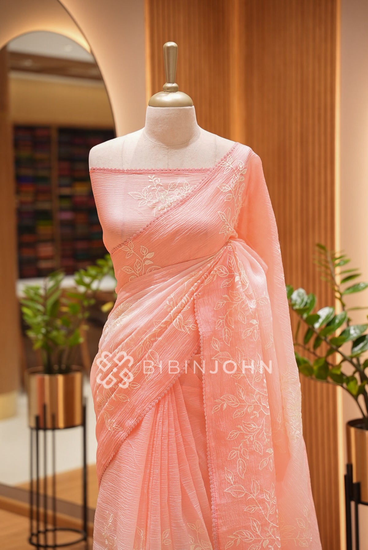 Tissue Organza Embroidery Saree For Women Peach Pink  CLOSE VIEW