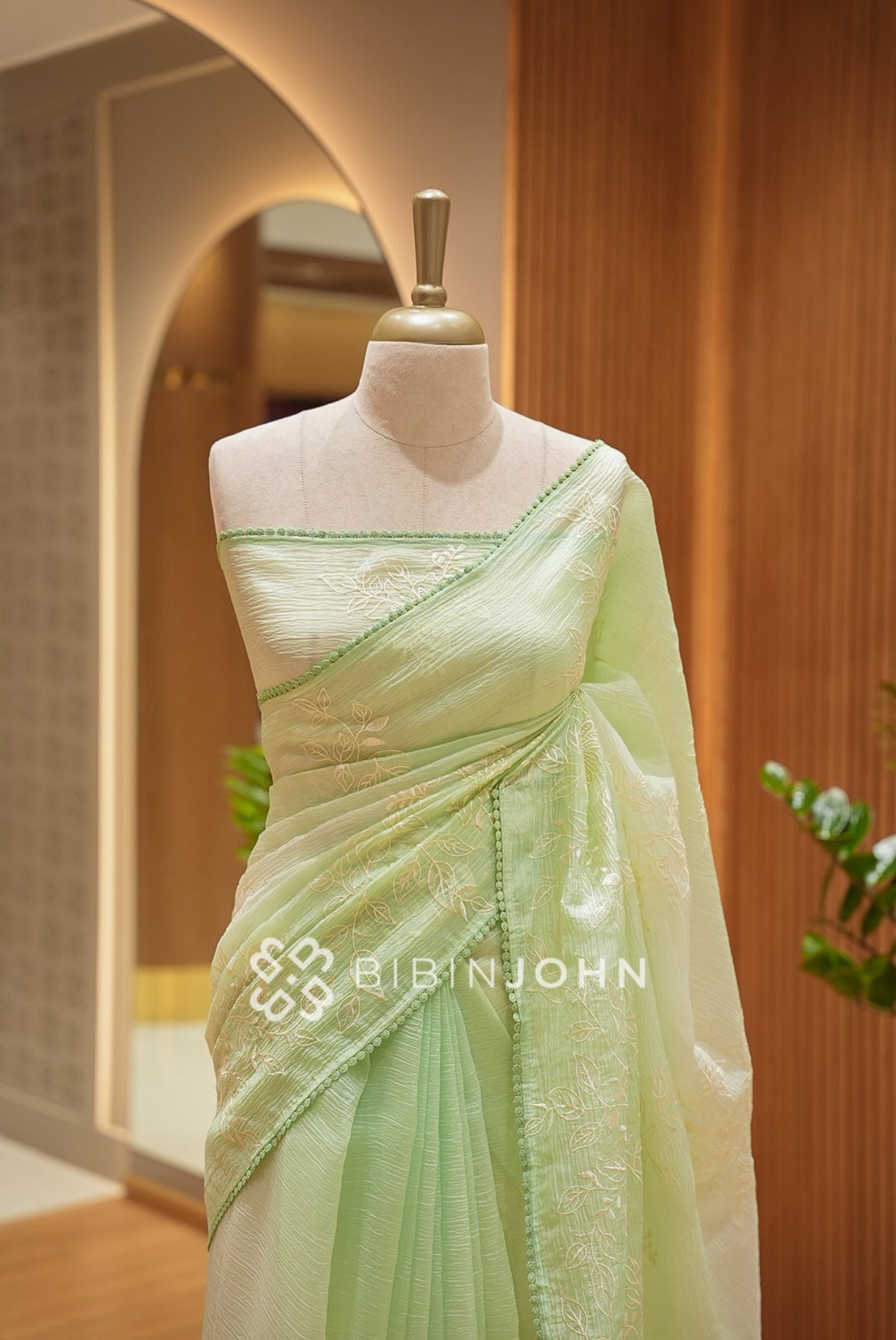 Tissue Organza Embroidery Saree For Women Pista Green  CLOSE VIEW