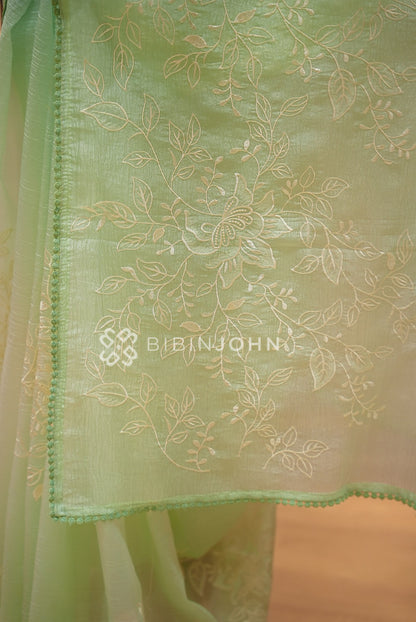 Tissue Organza Embroidery Saree For Women Pista Green  PALLU