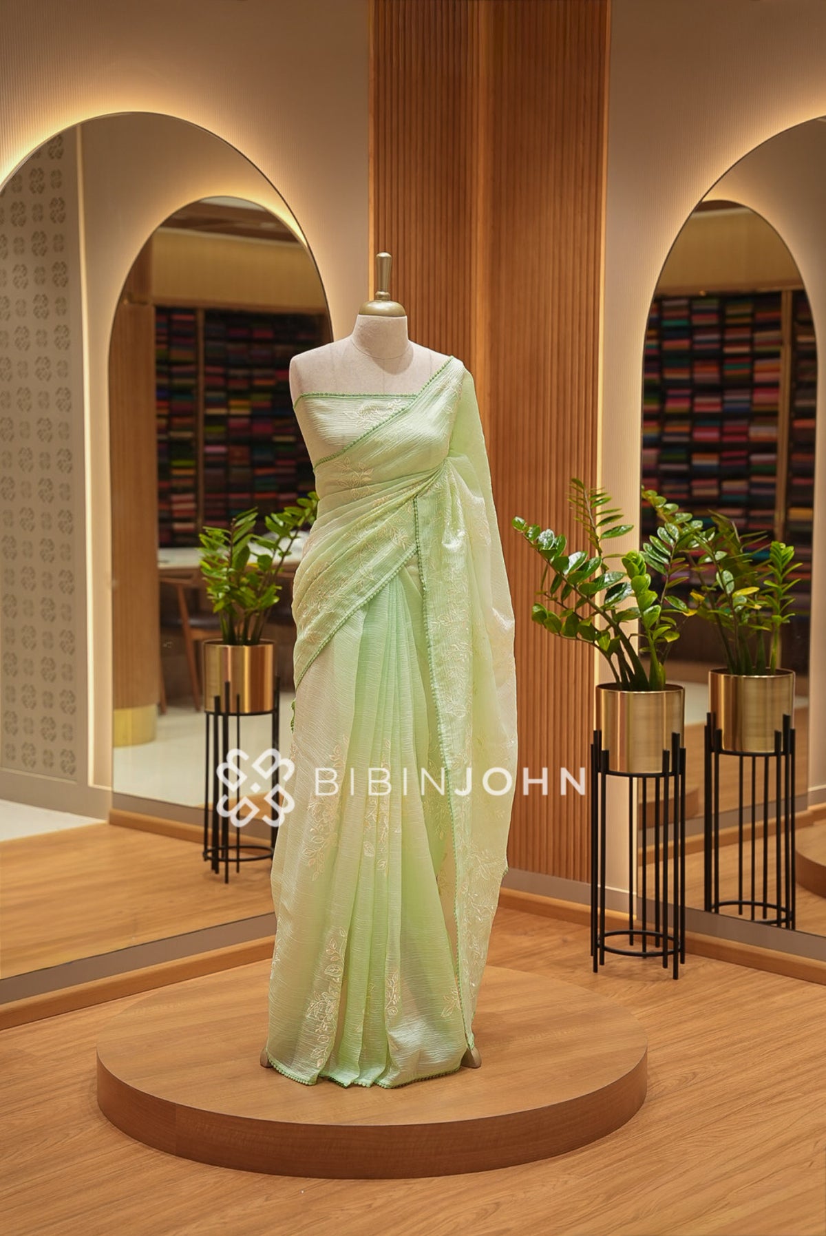 Tissue Organza Embroidery Saree For Women Pista Green 