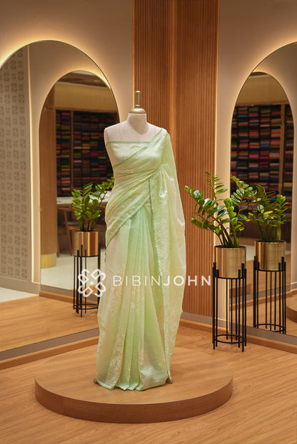 Tissue Organza Embroidery Saree For Women Pista Green 