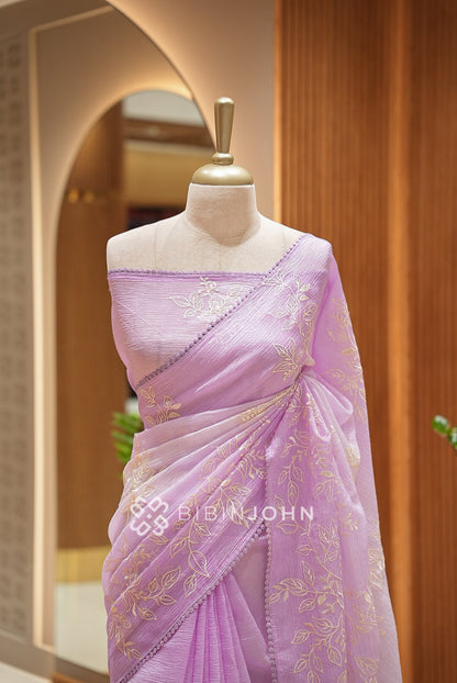 Tissue Organza Embroidery Saree For Women Lavender CLOSE VIEW
