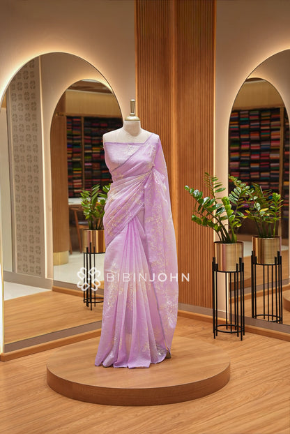Tissue Organza Embroidery Saree For Women Lavender 